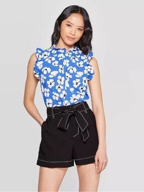 Who What Wear Blue Floral Ruffle Sleeveless Top Size Small